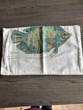Pottery Barn embroidered Fish Accent Pillow Cover in Teal & Yellow